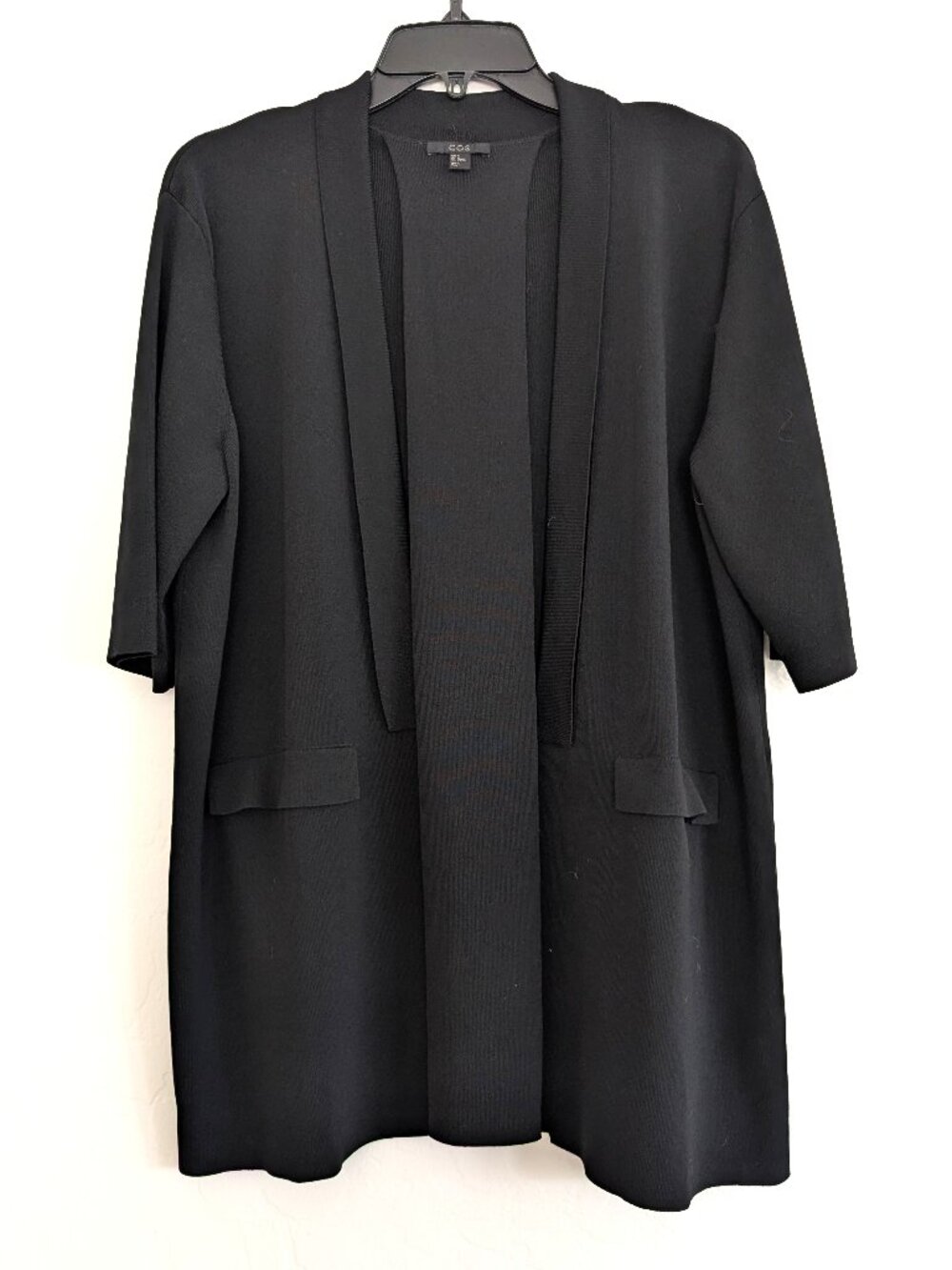 COS Cardigan Women's M Black Duster Knit 3/4 Sleeve Open Front Pockets Classic
